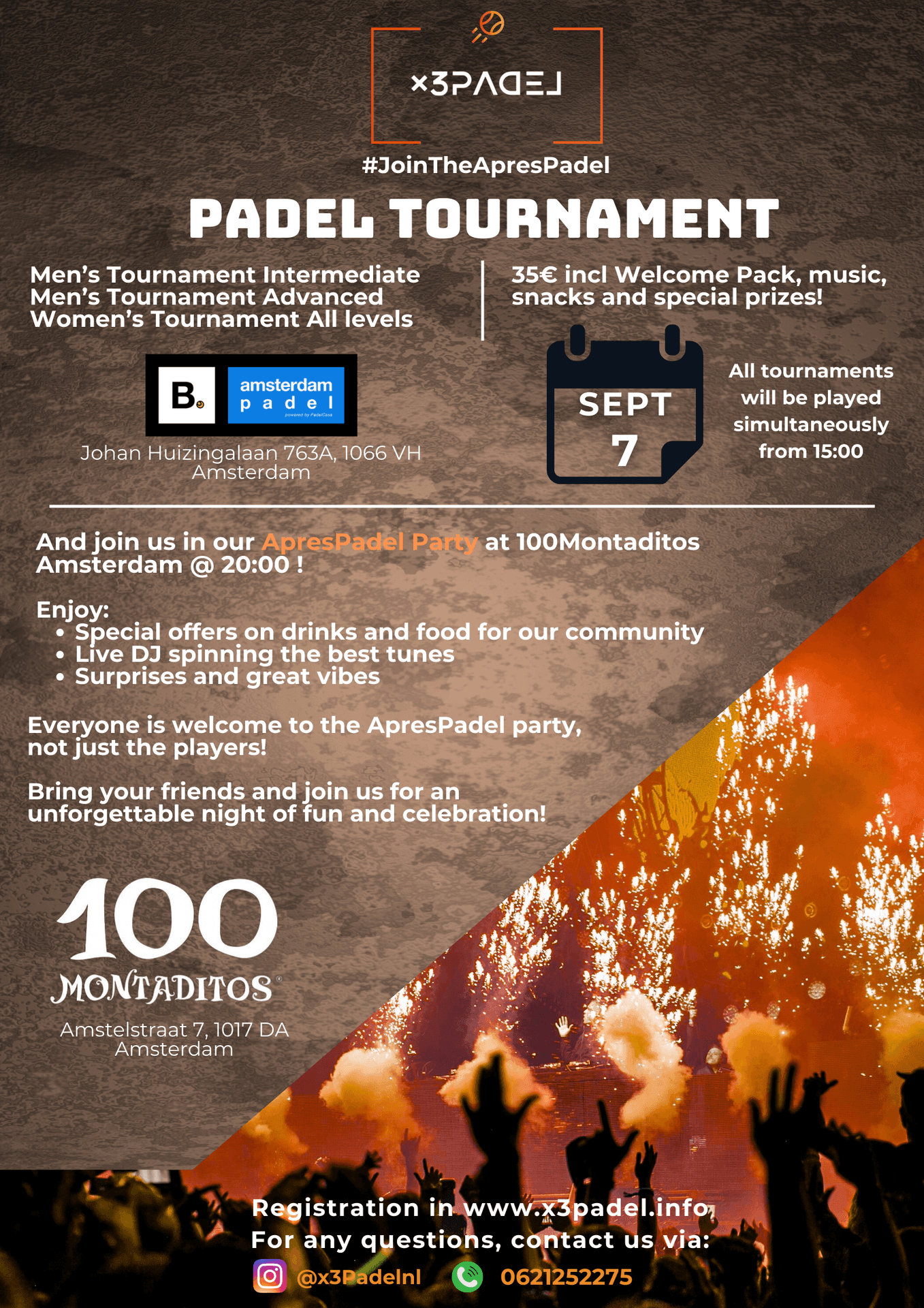 Padel tournament flyer with event details in Amsterdam, including party info and contact details.